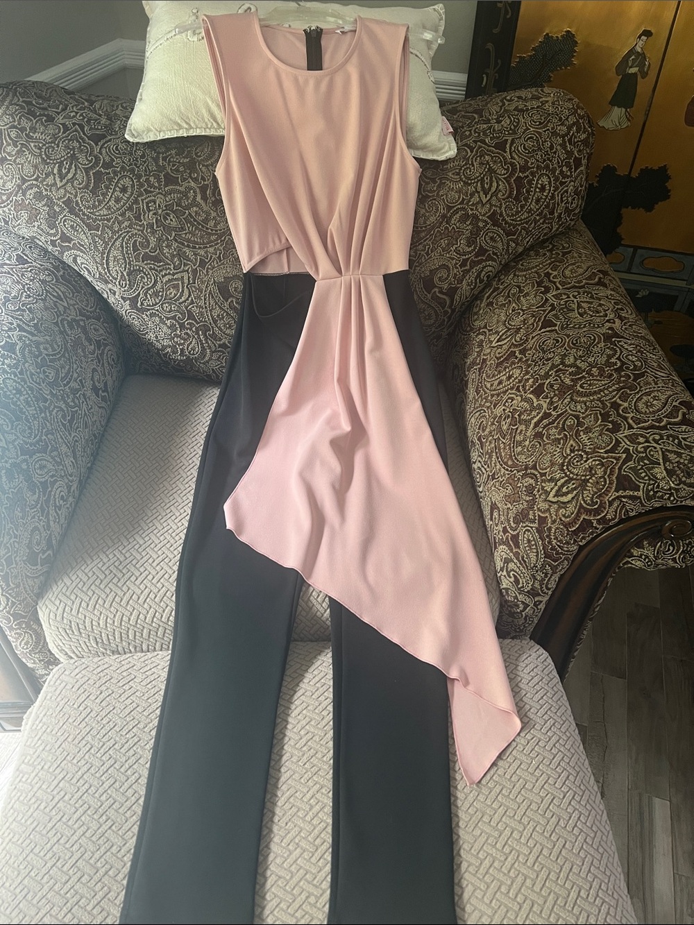 NWOT size S VENUS Pink & Black Asymmetric Drape Jumpsuit with split waist.